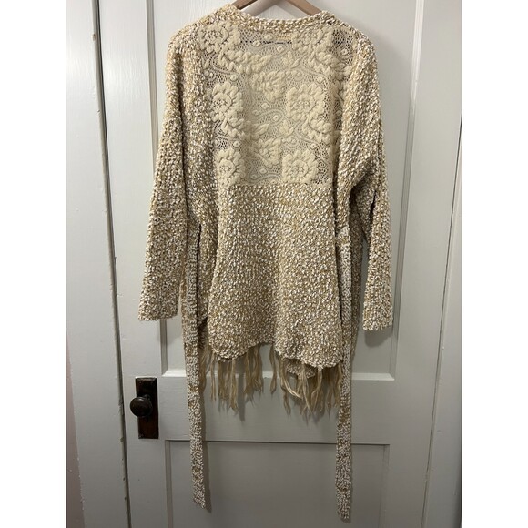 Ryu Women's Tan White Popcorn Long Open Cardigan With Tie Size S / M - Picture 2 of 10